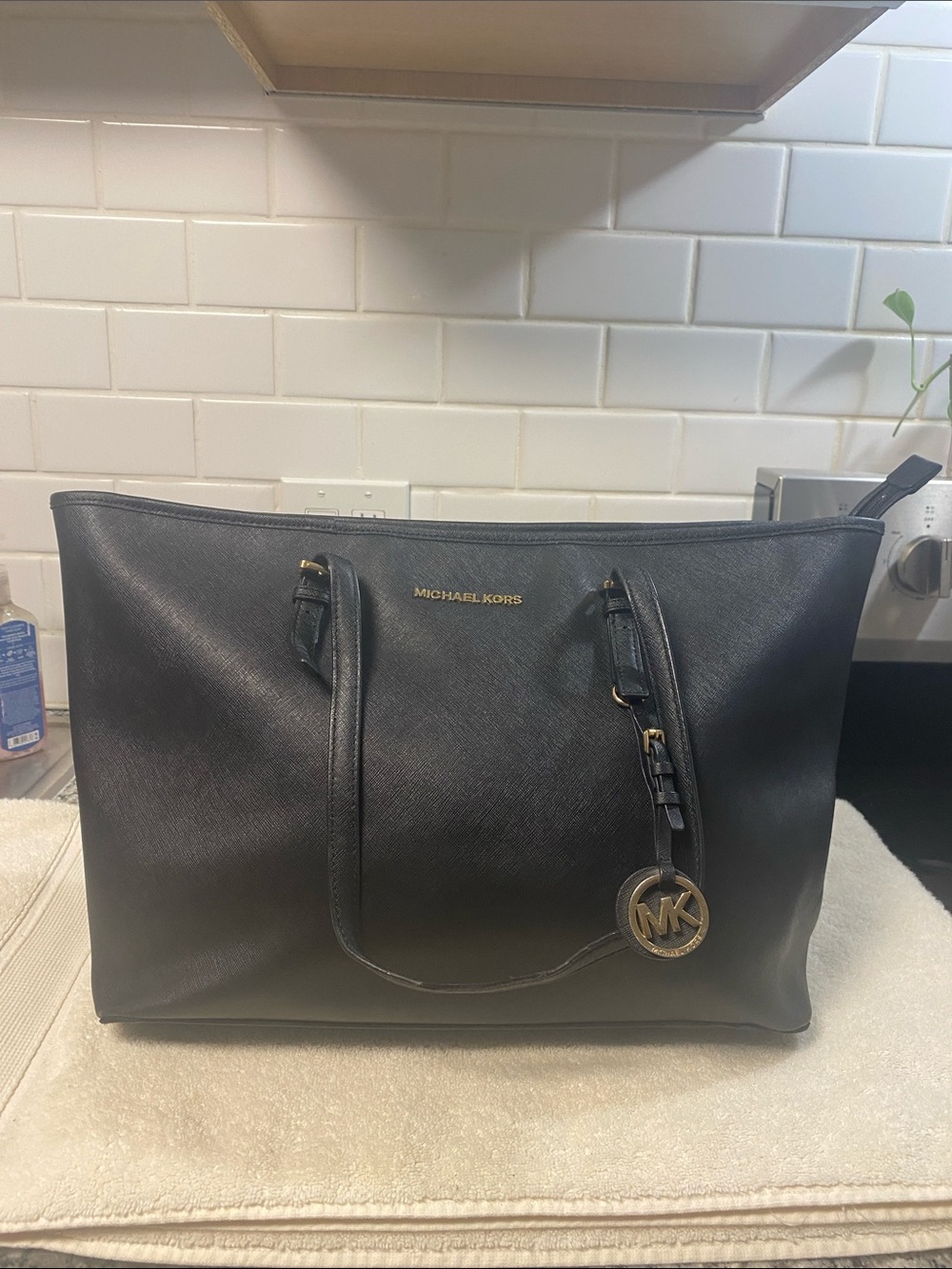 Michael Kors Black Saffiano Leather Tote with Gold MK Charm